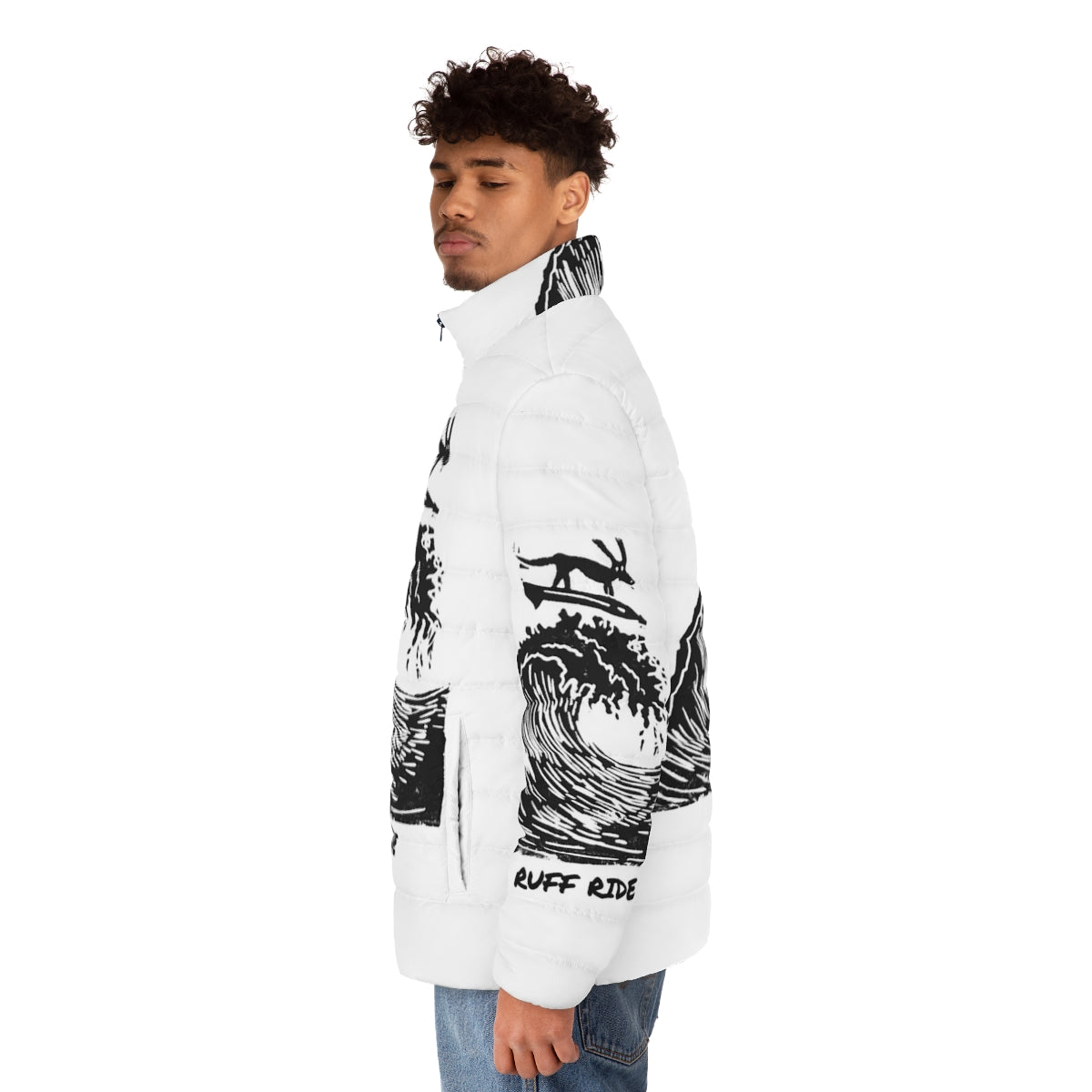 A model wearing a puffer jacket with a dog graphic, perfect for winter outdoor activities. - men side left