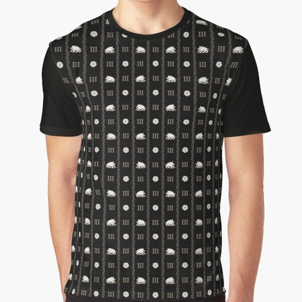 Richard Boar Graphic T-Shirt featuring a gothic, heraldic design with a boar, tudor roses, and inspired by Richard III