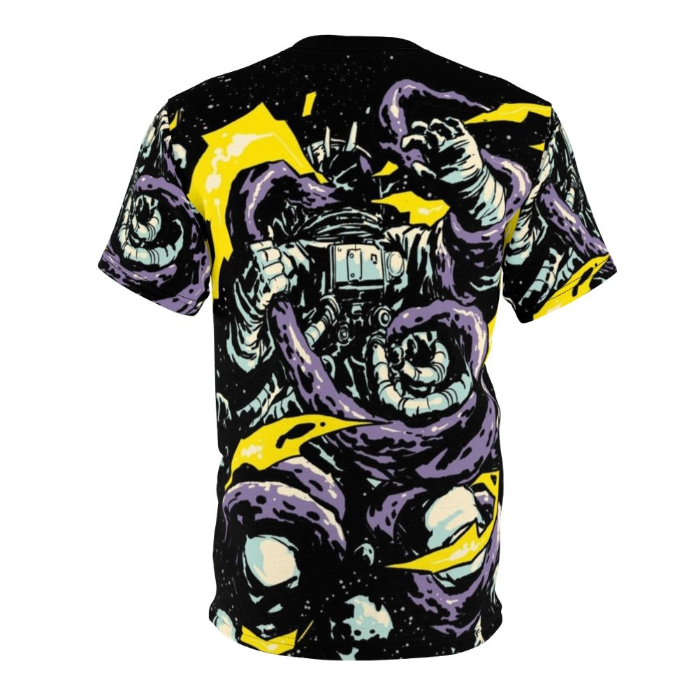 Visually striking t-shirt design featuring an astronaut in a battle with a monstrous space creature, in a cosmic setting. - Back