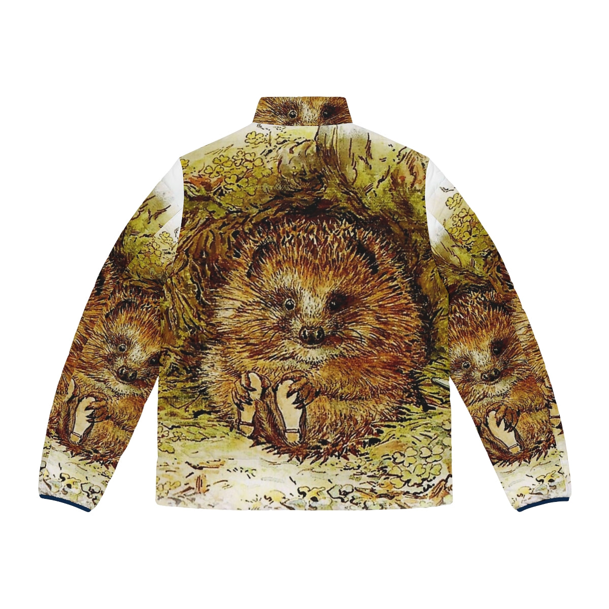 Beatrix Potter's Old Mr Pricklepin hedgehog character featured on a cozy puffer jacket - Back