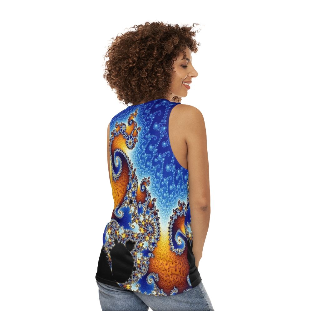 Mandelbrot fractal blue spiral unisex tank top - women back