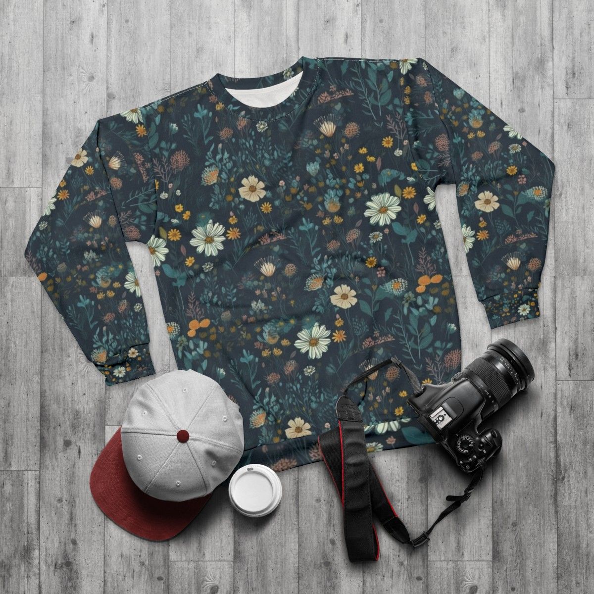 Vibrant wildflowers pattern on a cozy sweatshirt - flat lay