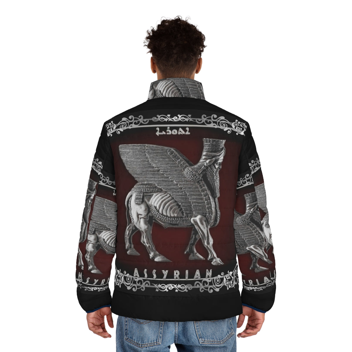 Silver puffer jacket featuring the Lamassu, an Assyrian mythological creature - men back