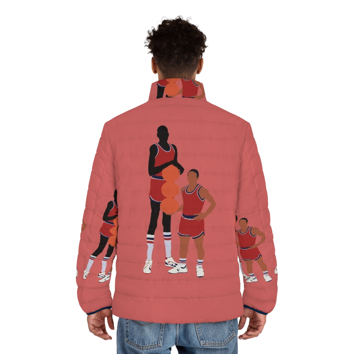 Manute Bol and Muggsy Bogues inspired puffer jacket with basketball art design - men back