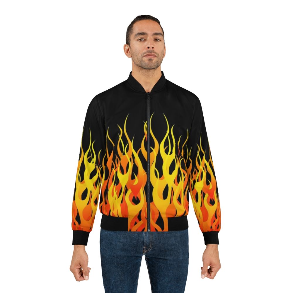 Blazing Racing Flames Bomber Jacket with Realistic Car Racing Design - Lifestyle