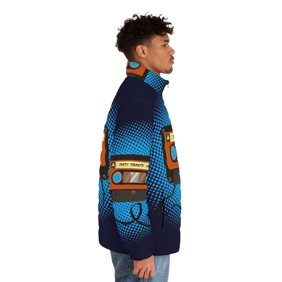 Tasty Treats Vol 1 Puffer Jacket featuring a cassette design in blue, orange, and brown colors - men side right