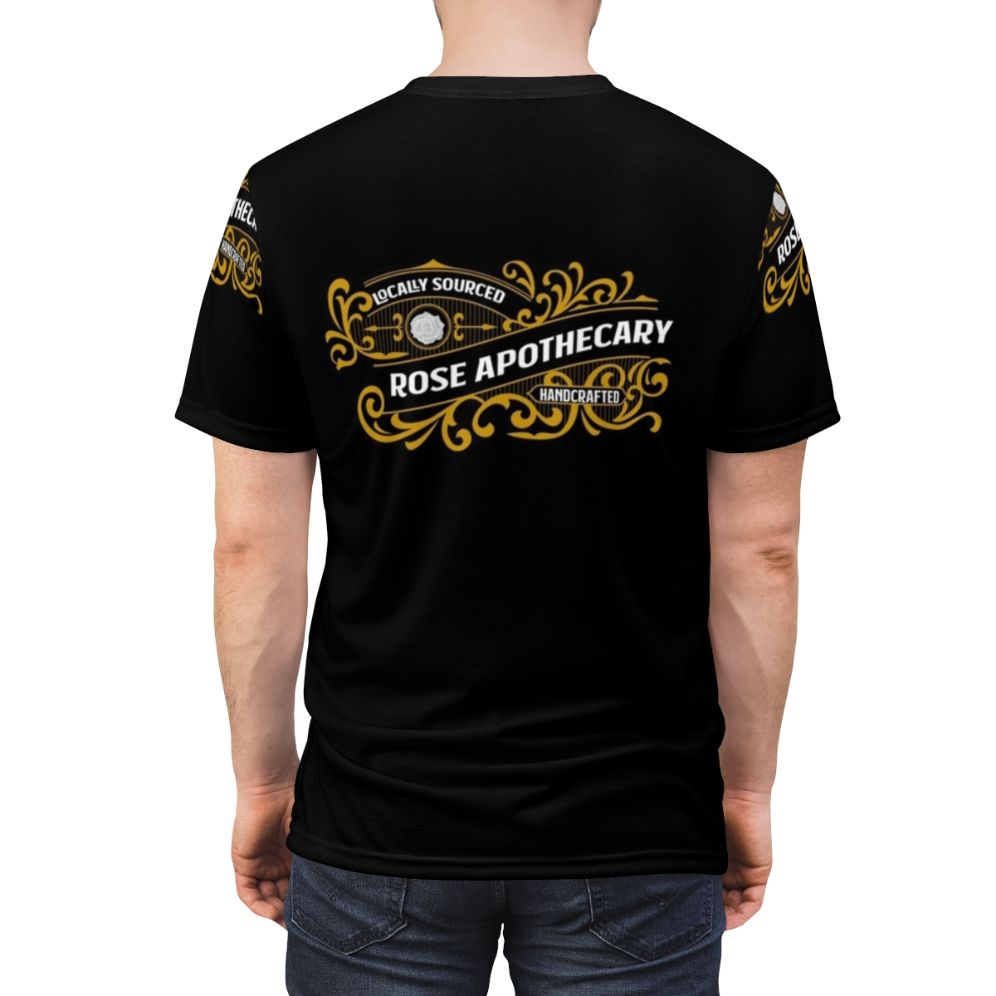 Schitts Creek inspired t-shirt featuring the Rose Apothecary logo - men back