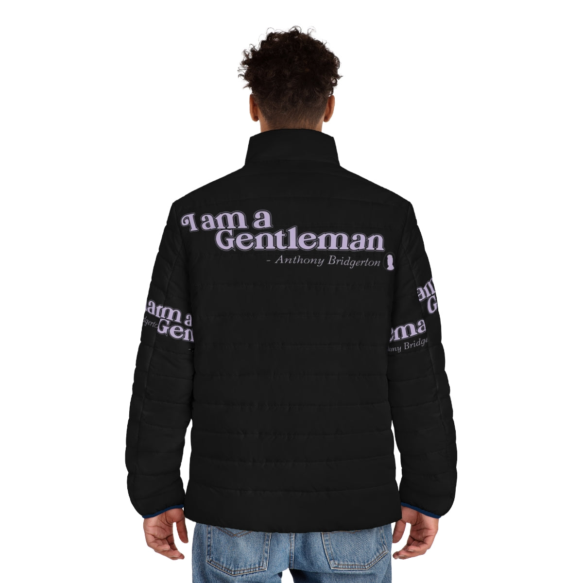 Bridgerton Netflix Puffer Jacket featuring "I Am a Gentleman" design - men back