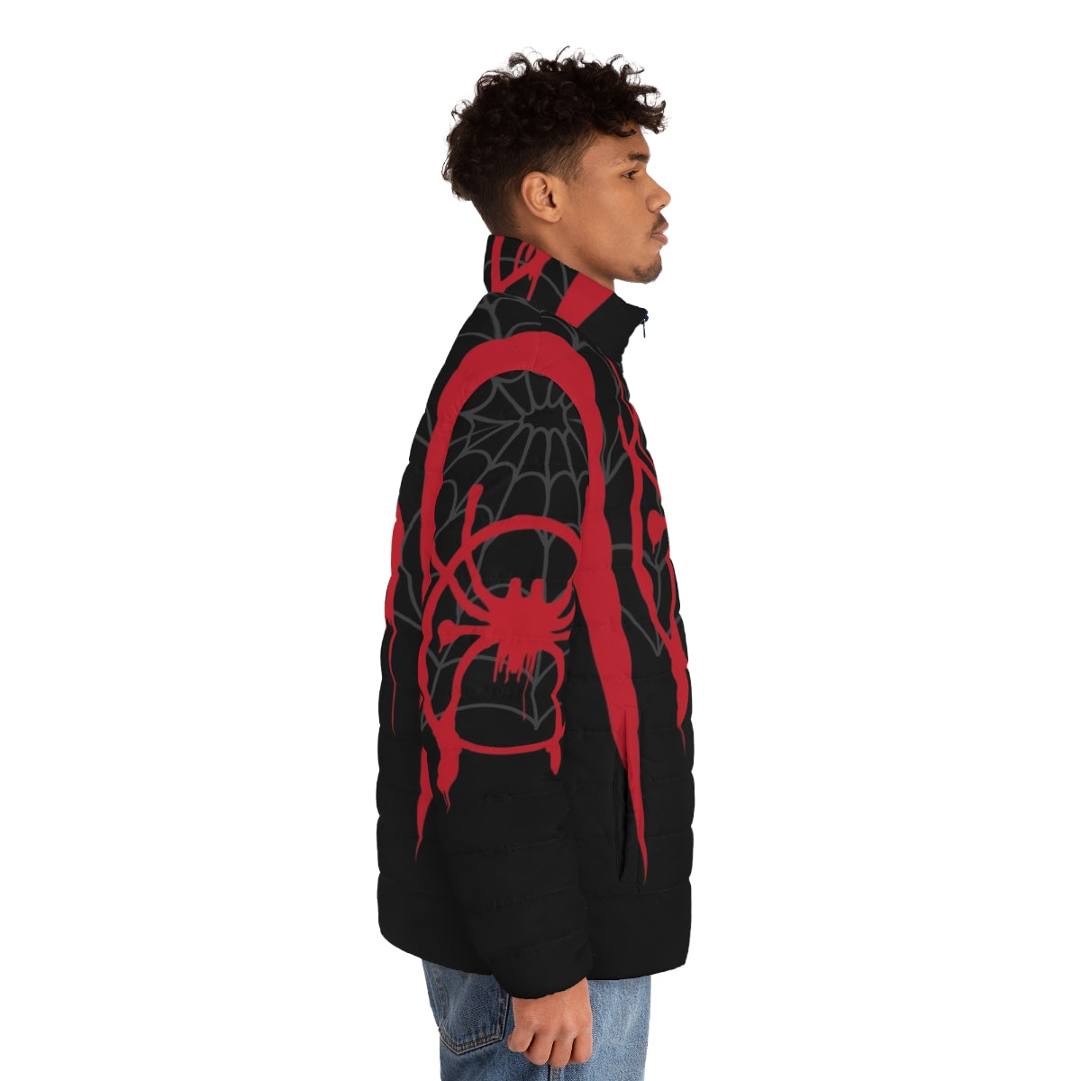 Miles Morales spider-verse puffer jacket with web design - men side right