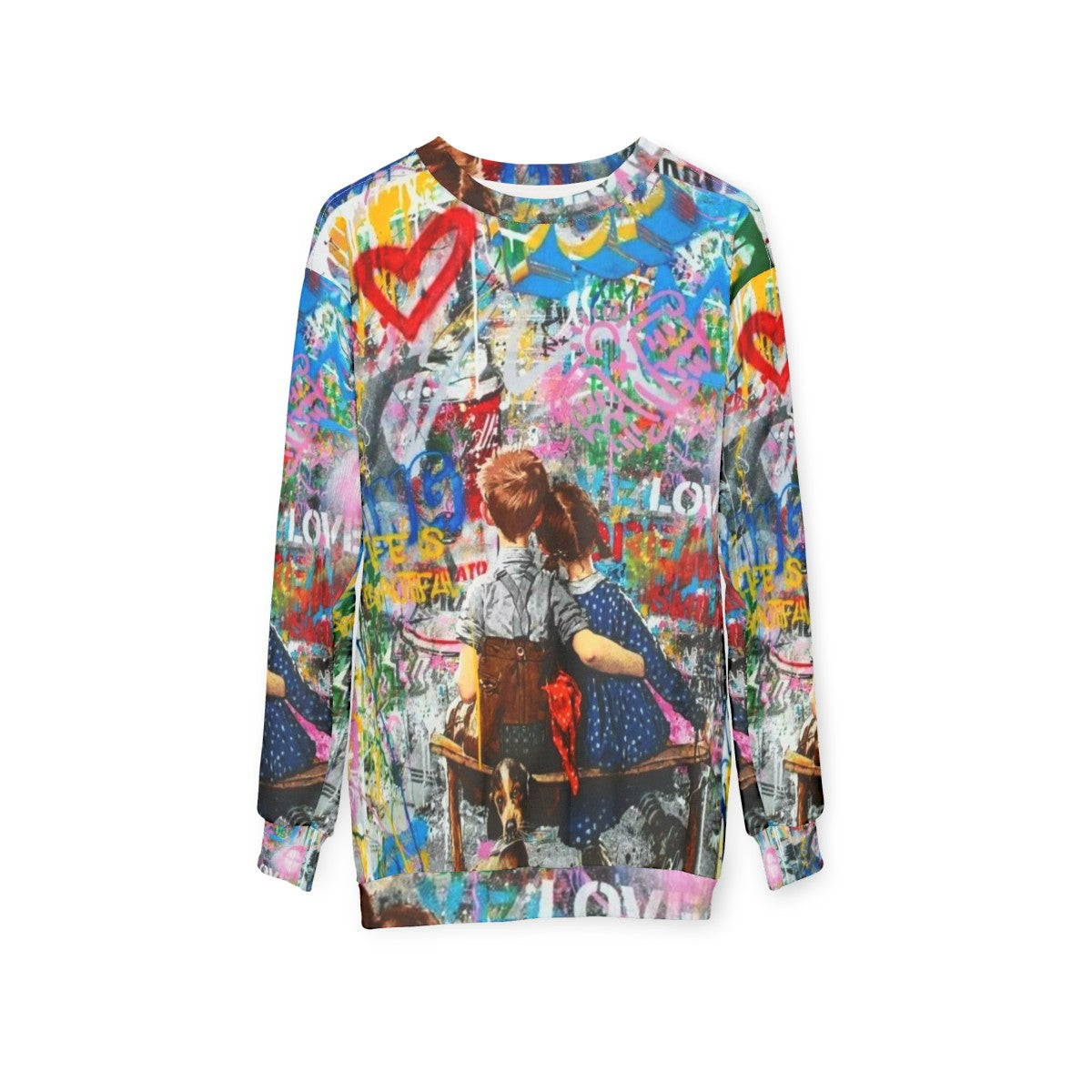 Colorful boy and girl pop art inspired collage design on sweatshirt - hanging