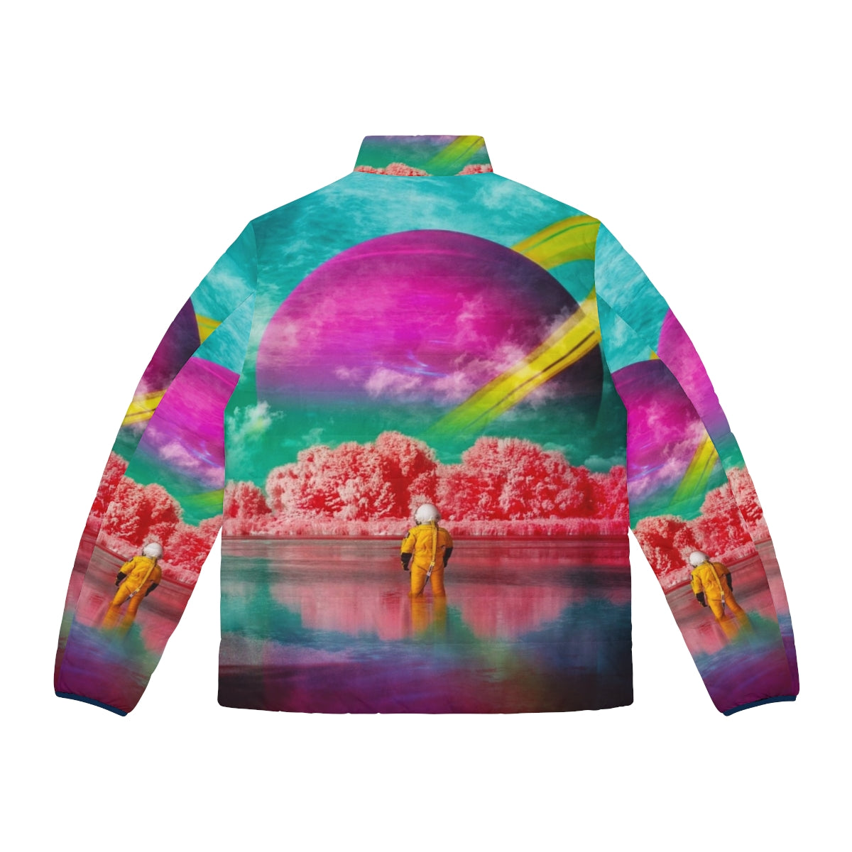 Surreal puffer jacket with digital art collage featuring an astronaut and a river - Back