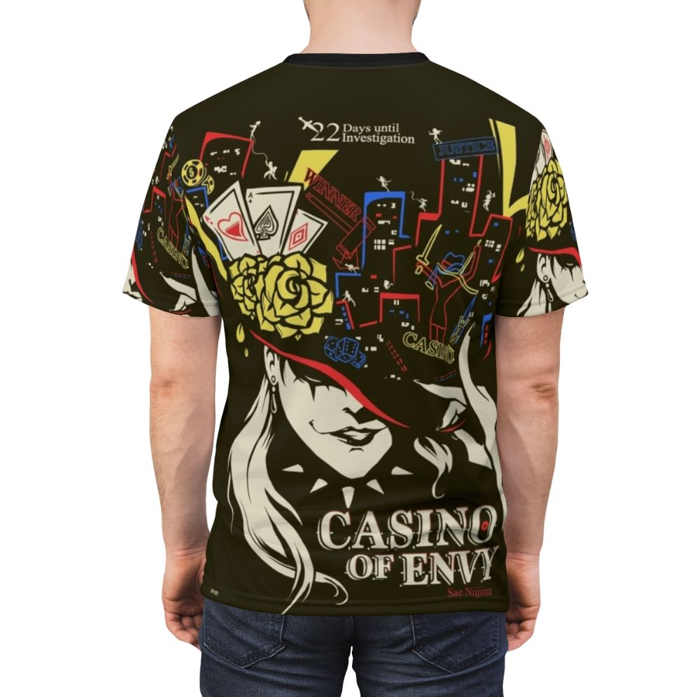 A high-quality T-shirt design featuring the "Casino of Envy" motif from the Persona video game series. - men back