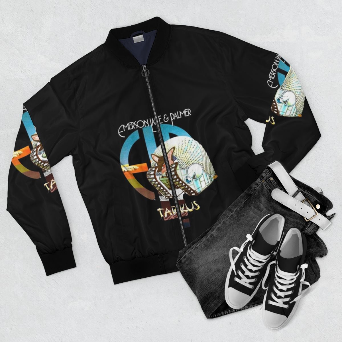 Emerson, Lake & Palmer Tarkus Bomber Jacket with band logo - Flat lay