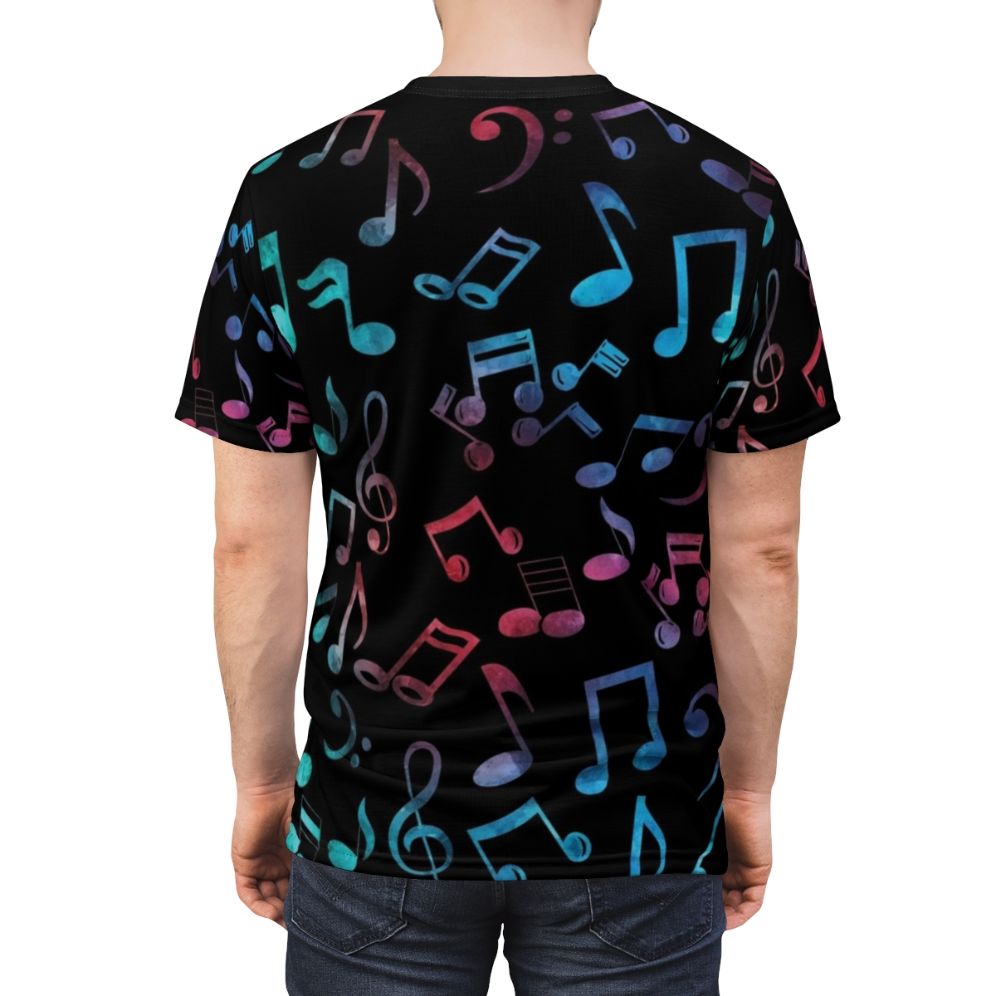 Vibrant multi-color music notes pattern design on a t-shirt, perfect for musicians and music lovers. - men back