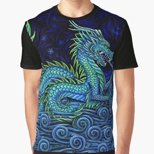 Vibrant graphic t-shirt featuring a majestic Chinese azure dragon against a backdrop of ocean, sky, and mist.