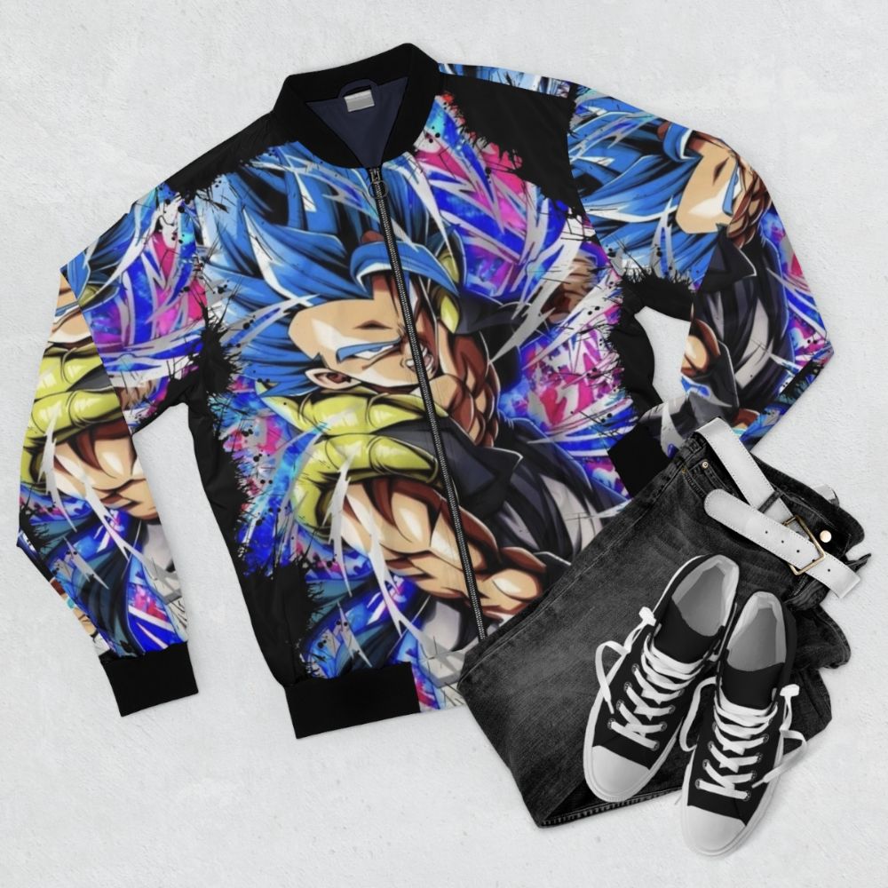 A bomber jacket featuring the character Gogeta from the Dragon Ball Z anime series in his blue super saiyan form. - Flat lay