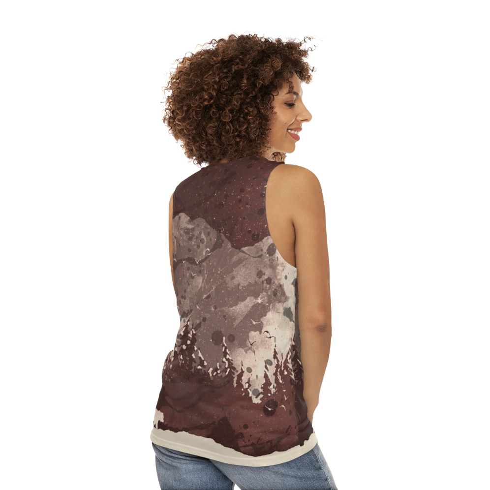 Unisex tank top with a bear design in a winter landscape - women back