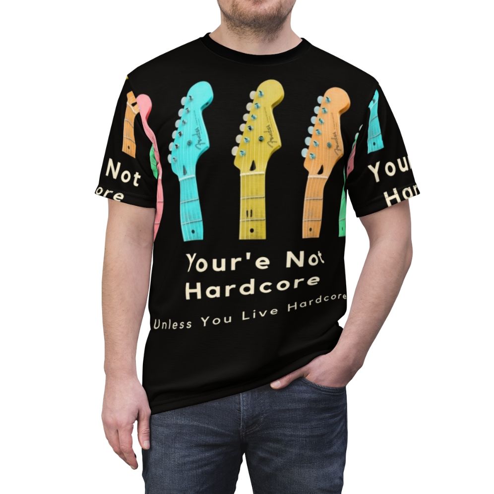 A high-quality t-shirt featuring a "School of Rock" inspired design with guitars and rock music elements. - men front