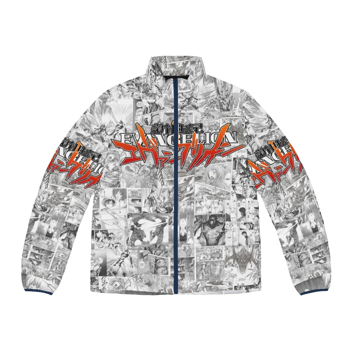 Evangelion puffer jacket featuring iconic mecha anime characters