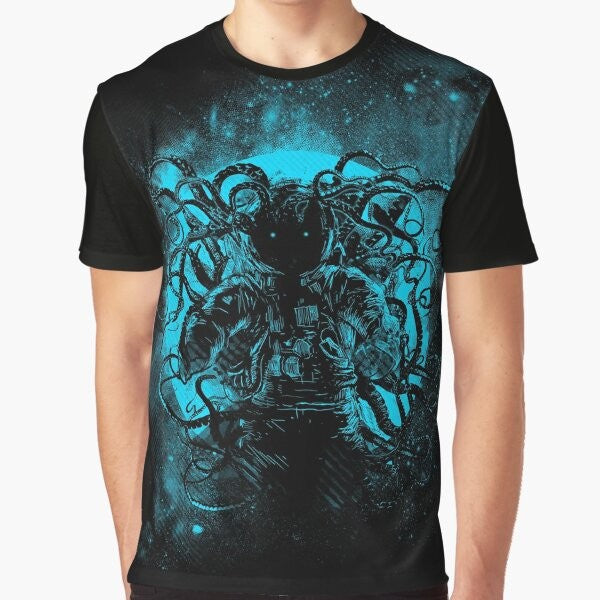 Cthulhu, the terrifying cosmic horror from the works of H.P. Lovecraft, depicted on a space-themed graphic t-shirt.