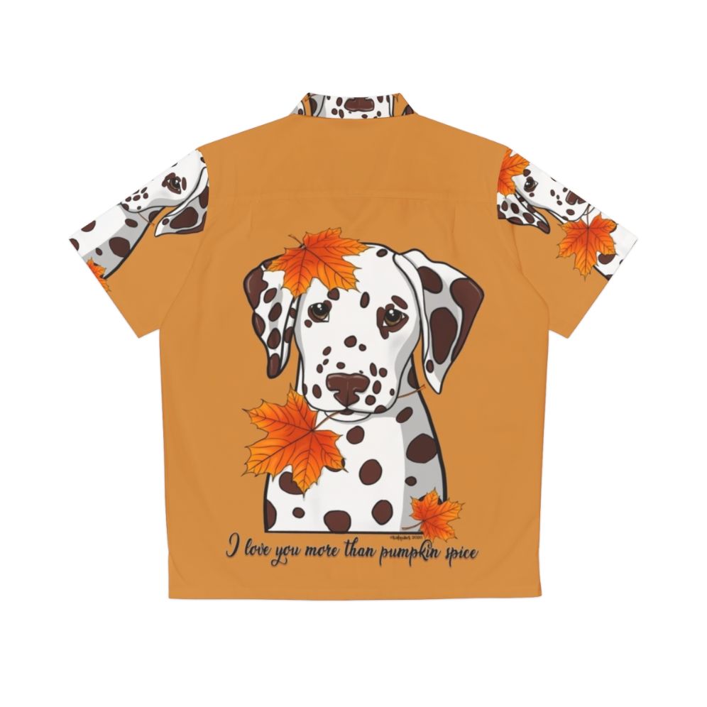 Dalmatian wearing a Hawaiian shirt with pumpkin spice and autumn leaves - Back