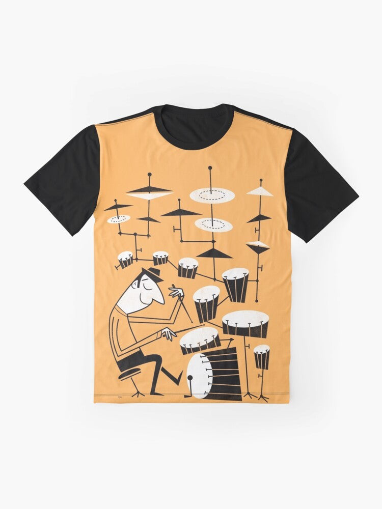 A vintage-style graphic t-shirt design featuring a drummer playing drums with a funky, musical "Beat the Drum" text. - Flat lay