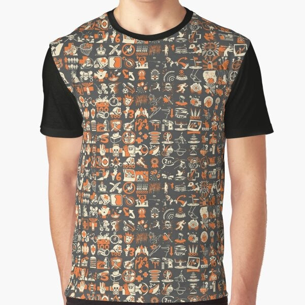 Team Fortress 2 graphic t-shirt featuring a repeating pattern of in-game achievements