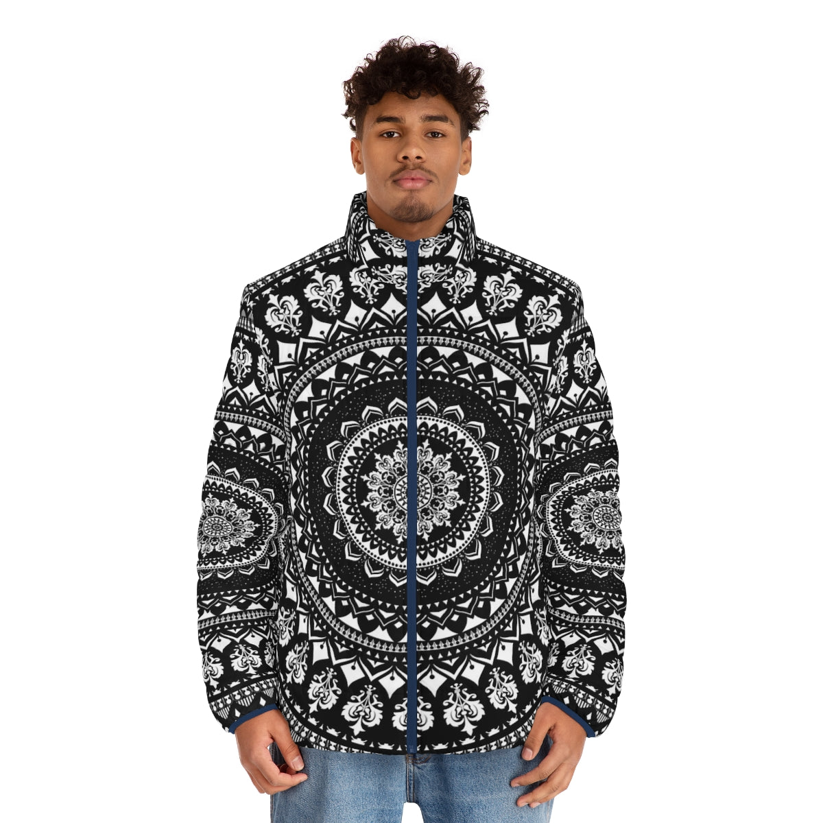 Mandala Monochrome Puffer Jacket with Celestial and Cosmic Design - men front