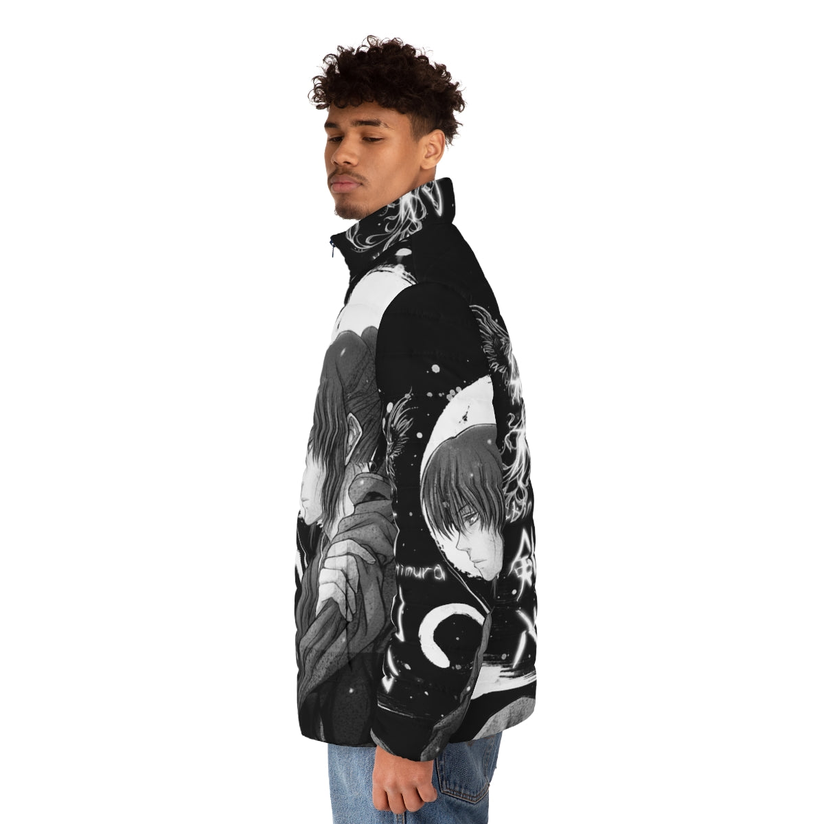 Quiet Snow Puffer Jacket with Japanese Inspired Anime Design - men side left