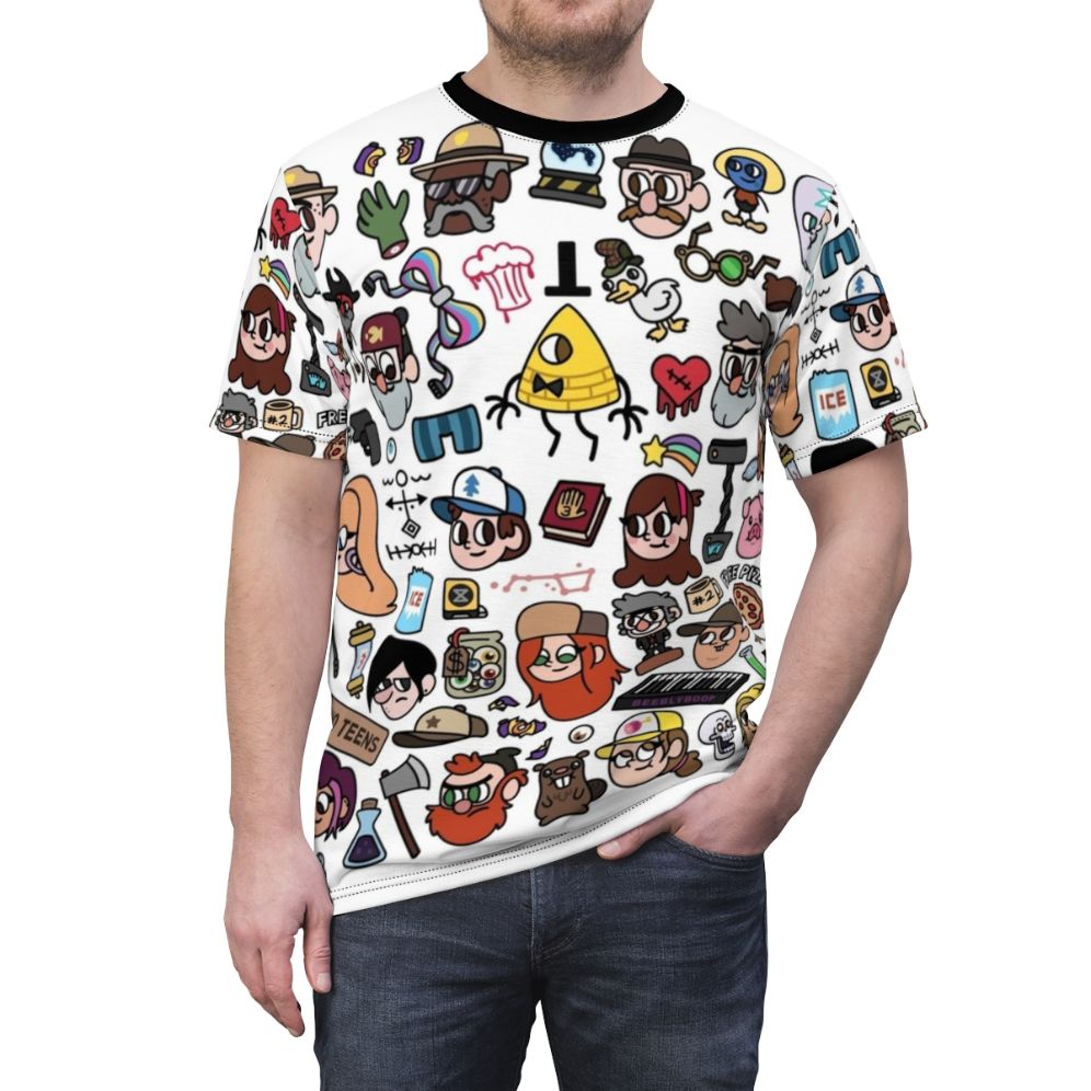 Gravity Falls inspired doodle design t-shirt featuring characters Dipper, Mabel, and Bill Cipher - men front