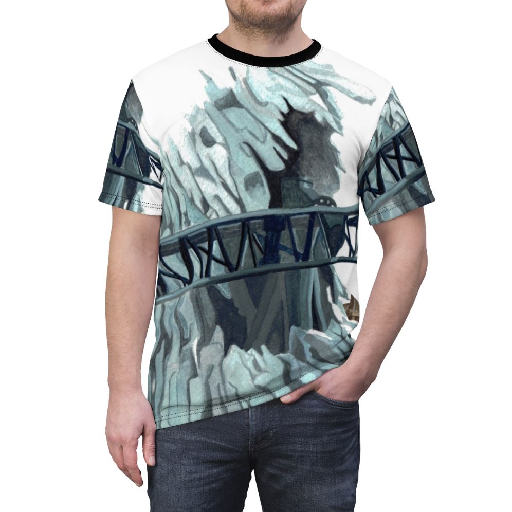 T-shirt featuring a graphic design inspired by the Taron roller coaster at Phantasialand theme park. - men front