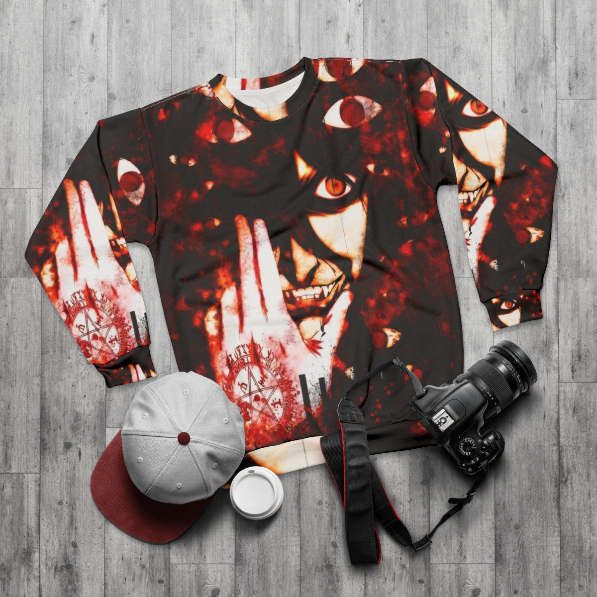 Hellsing anime-inspired sweatshirt with dark, gothic design - flat lay