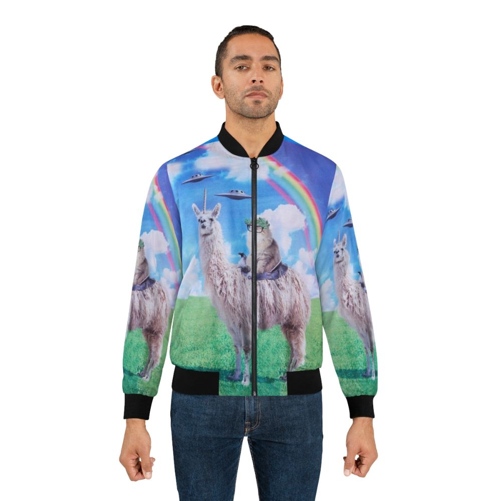 A vibrant bomber jacket featuring a playful design of a cat riding a llama unicorn through a cosmic space scene with rainbows and UFOs. - Lifestyle