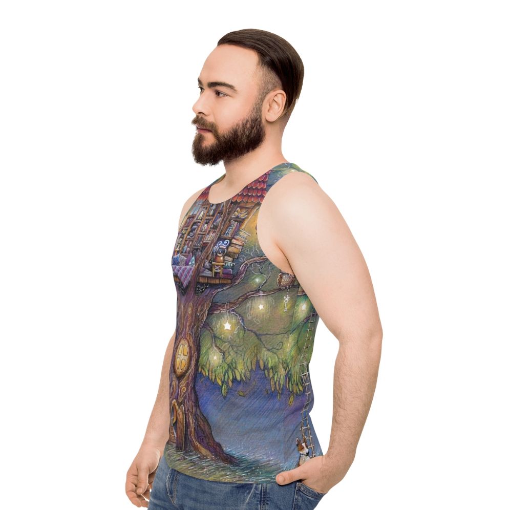 Treehouse Unisex Tank Top with Nature-Inspired Design - men side