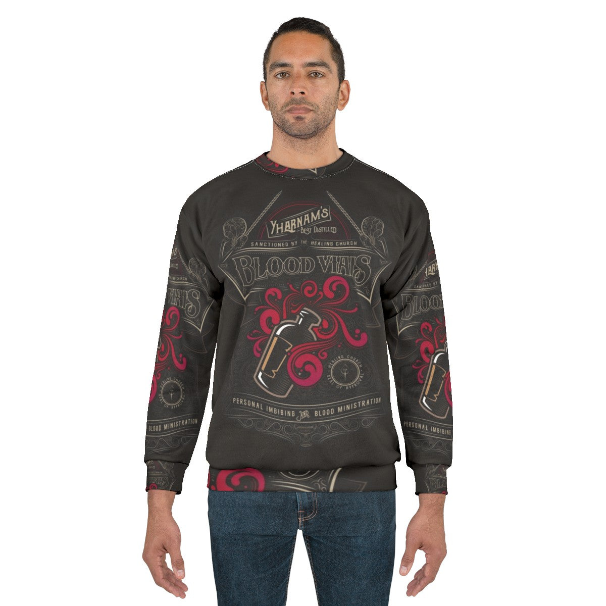 Yharnam Blood Vials Bloodborne Sweatshirt with Cosmic Horror Fanart - men