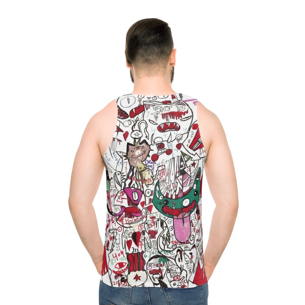 Psychedelic unisex tank top with morph, anime, and funky art design - men back