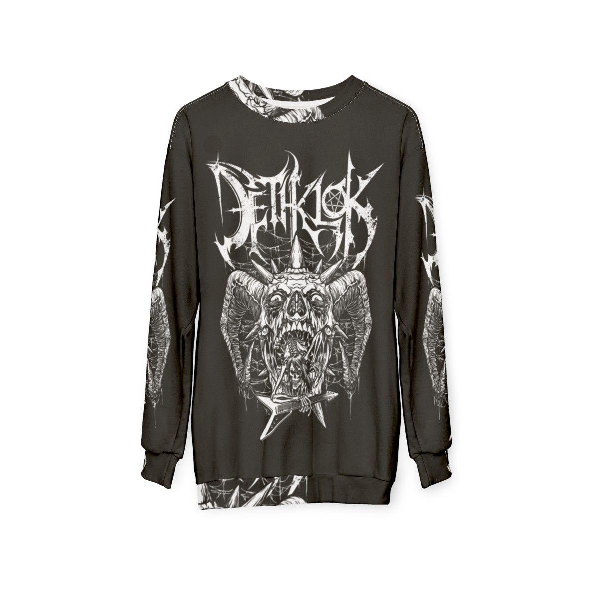 Dethklok Adult Sweatshirt featuring the iconic Dethklok band logo - hanging