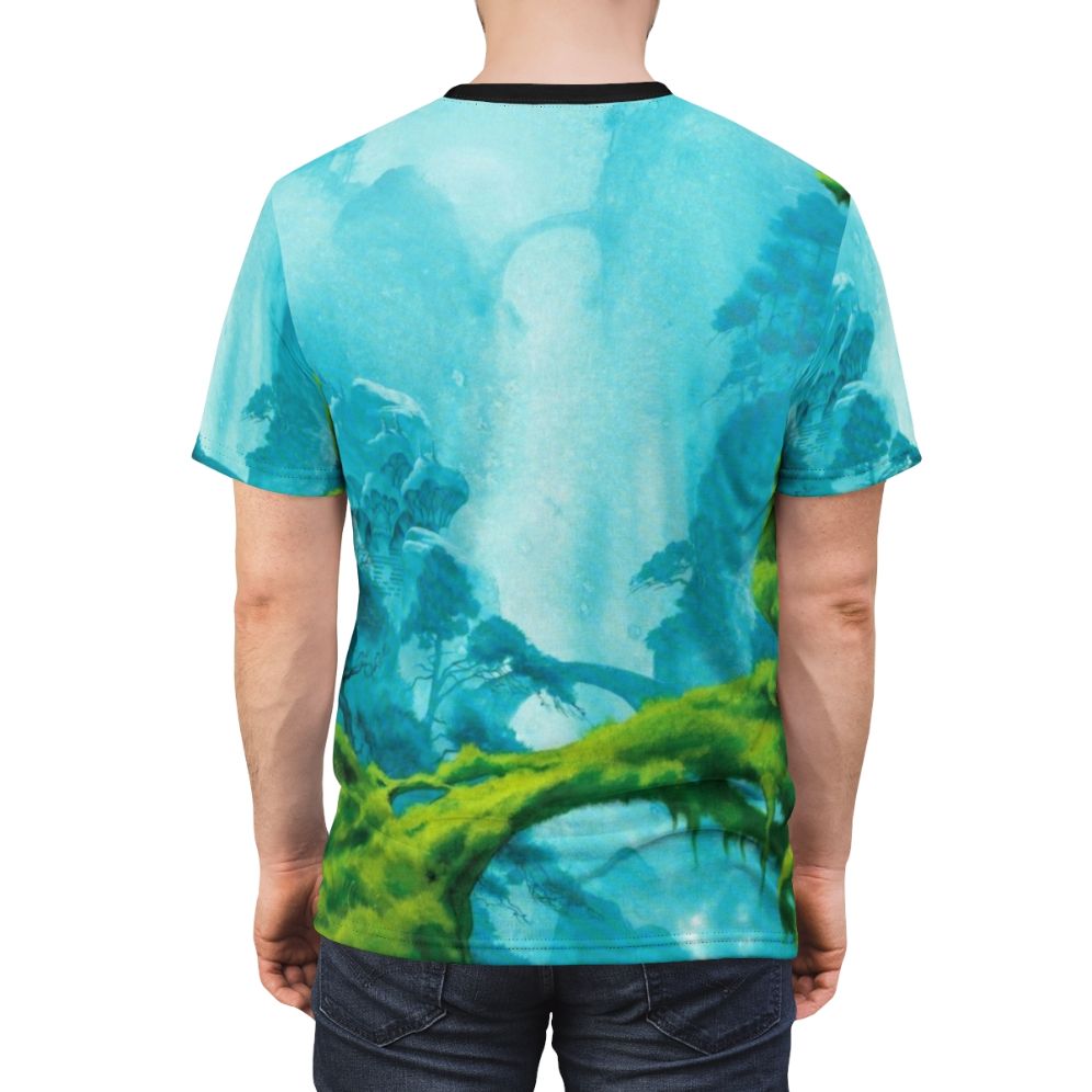 Breathtaking fantasy art t-shirt featuring Roger Dean's mesmerizing landscapes and otherworldly elements. - men back