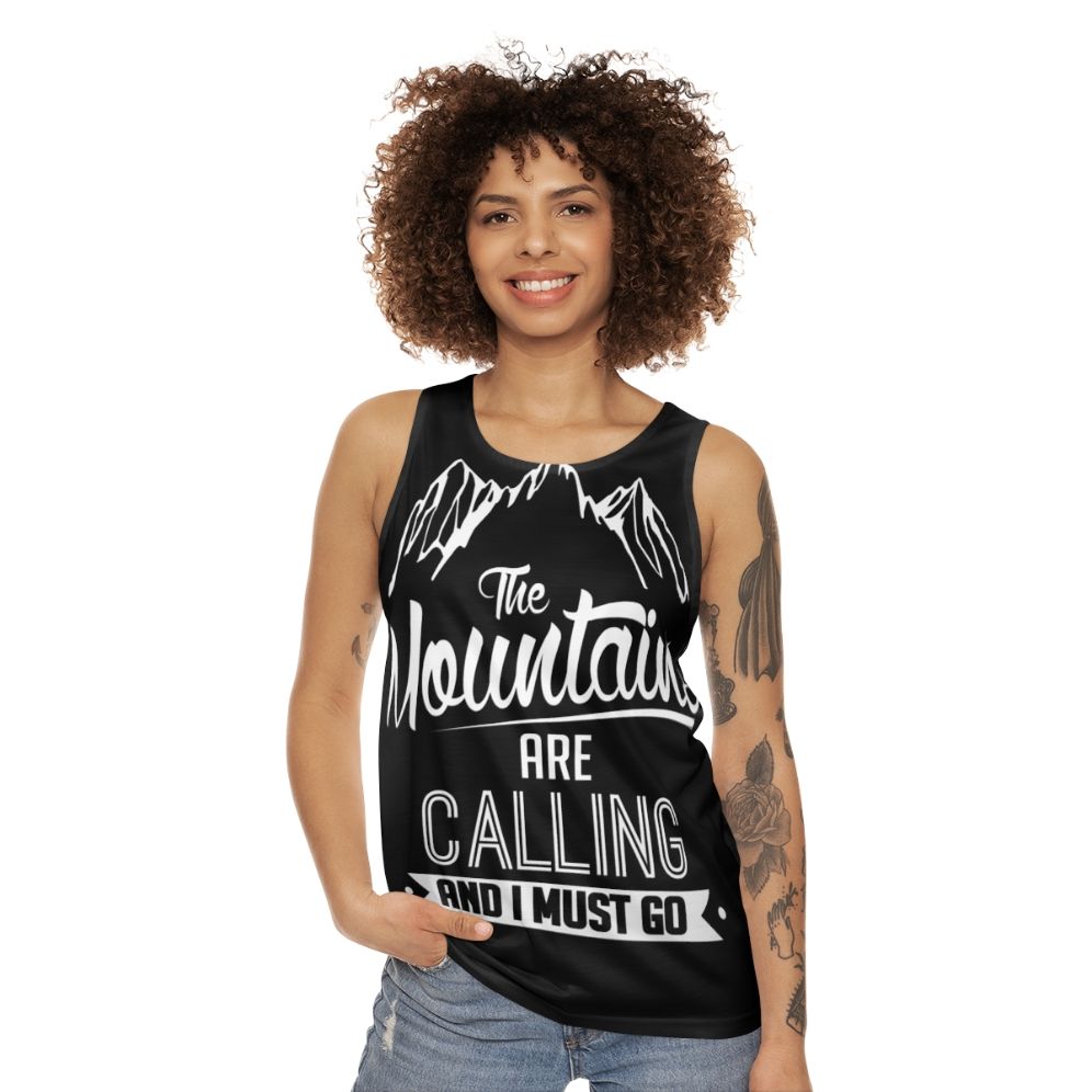 Unisex tank top with "The Mountains Are Calling And I Must Go" design - women