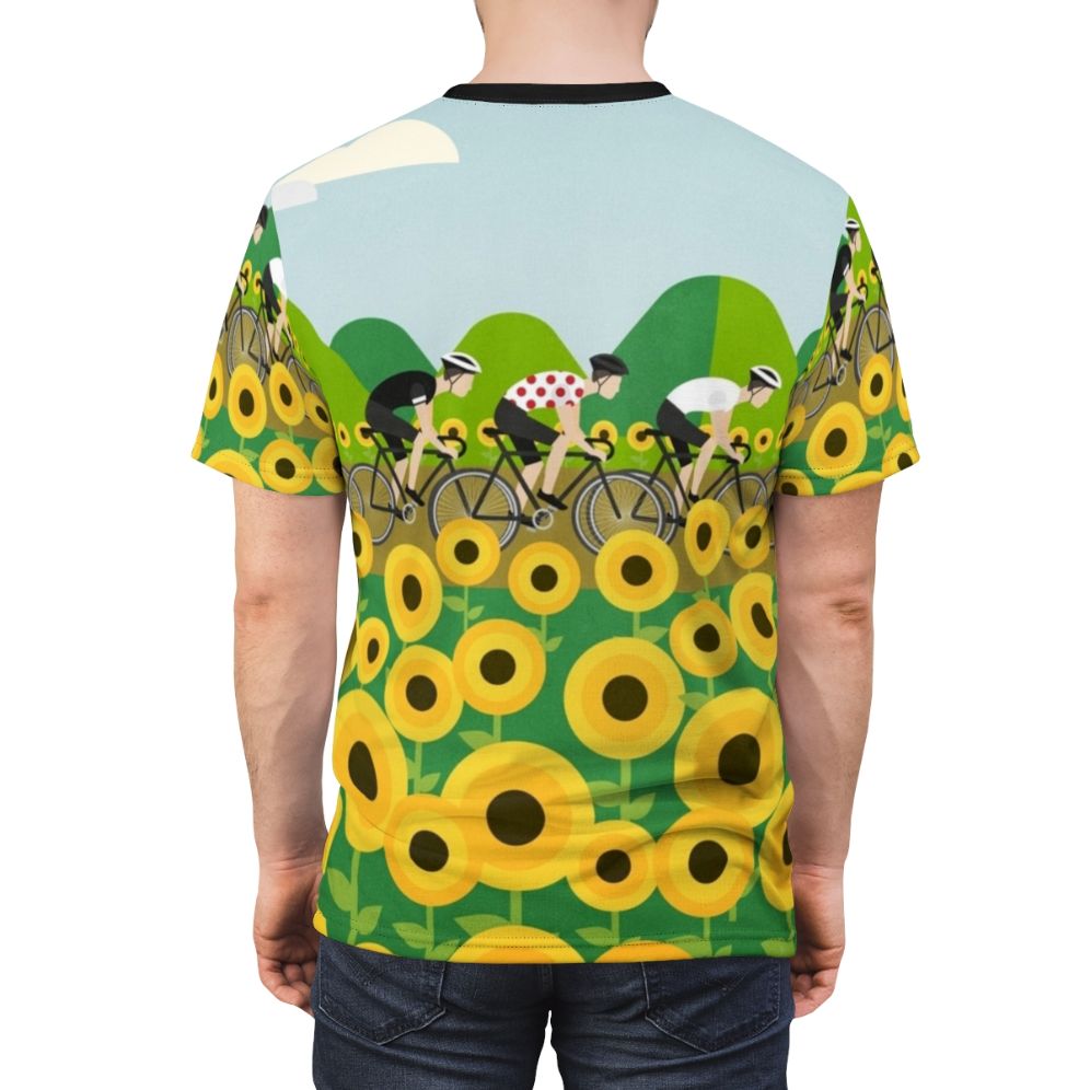 Colorful cycling t-shirt design featuring a road bike, sunflowers, and red polka dots, inspired by the iconic Le Tour de France race. - men back