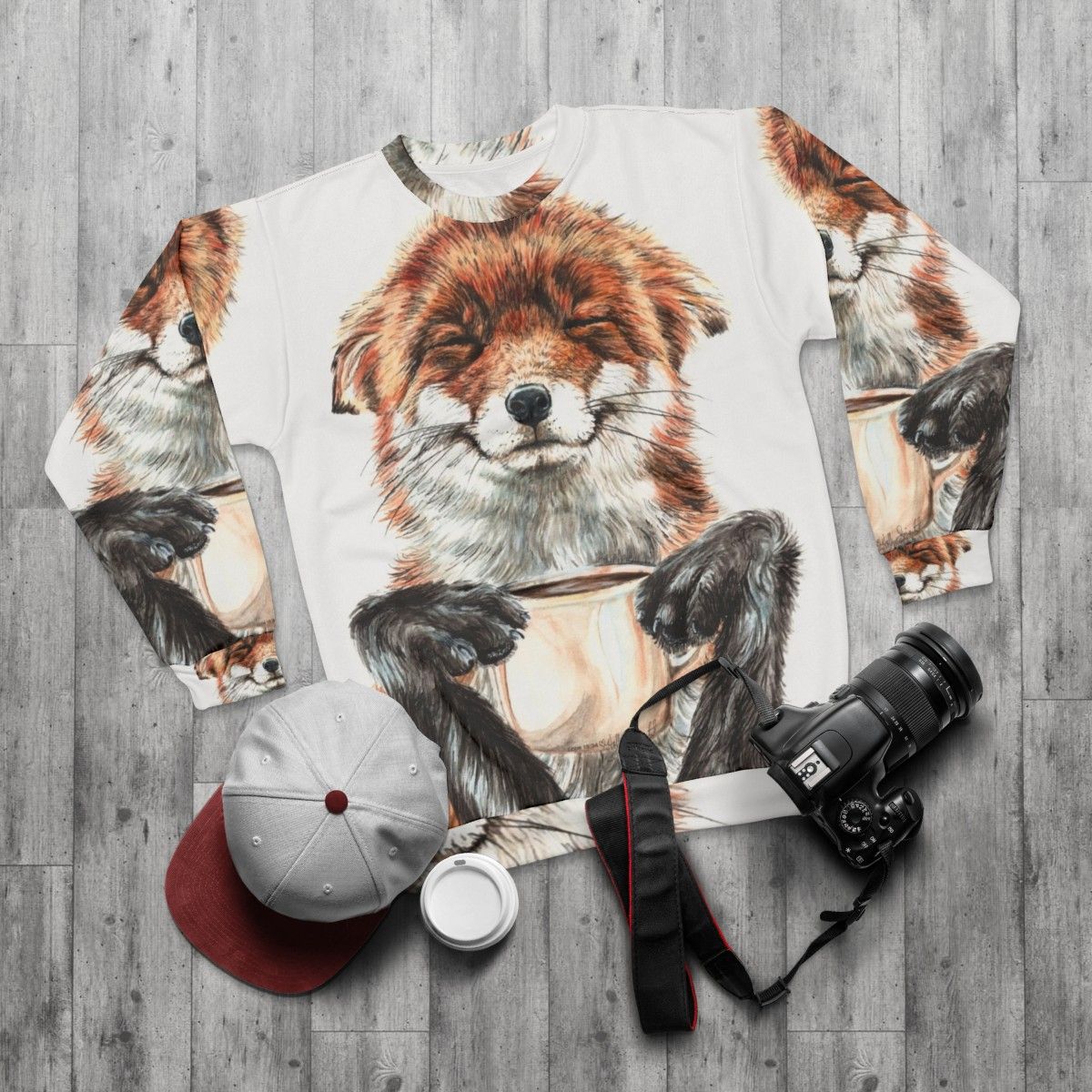 Cute Morning Fox Drinking Coffee Illustration on Sweatshirt - flat lay