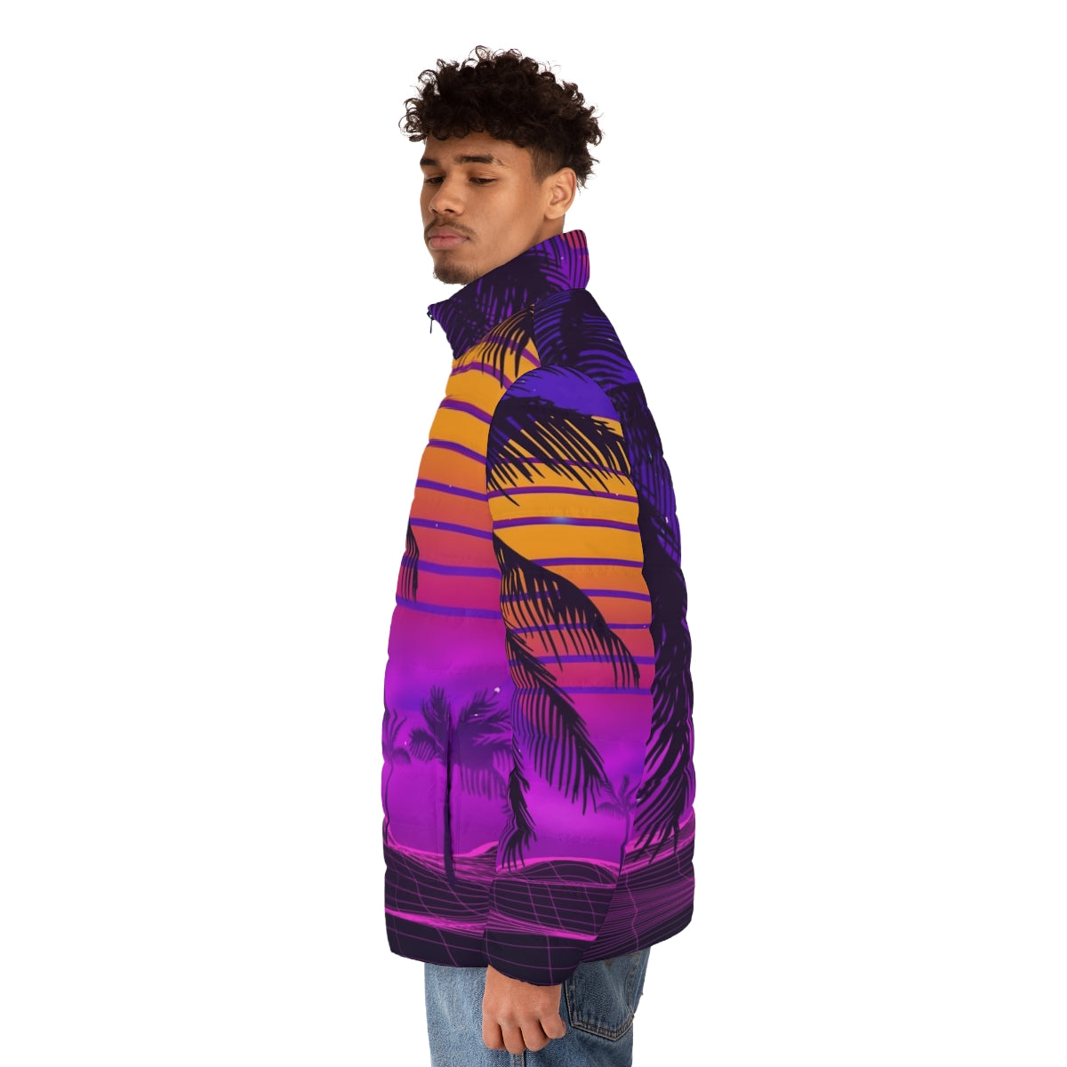 Retro 80s synthwave puffer jacket with neon sunset aesthetic - men side left