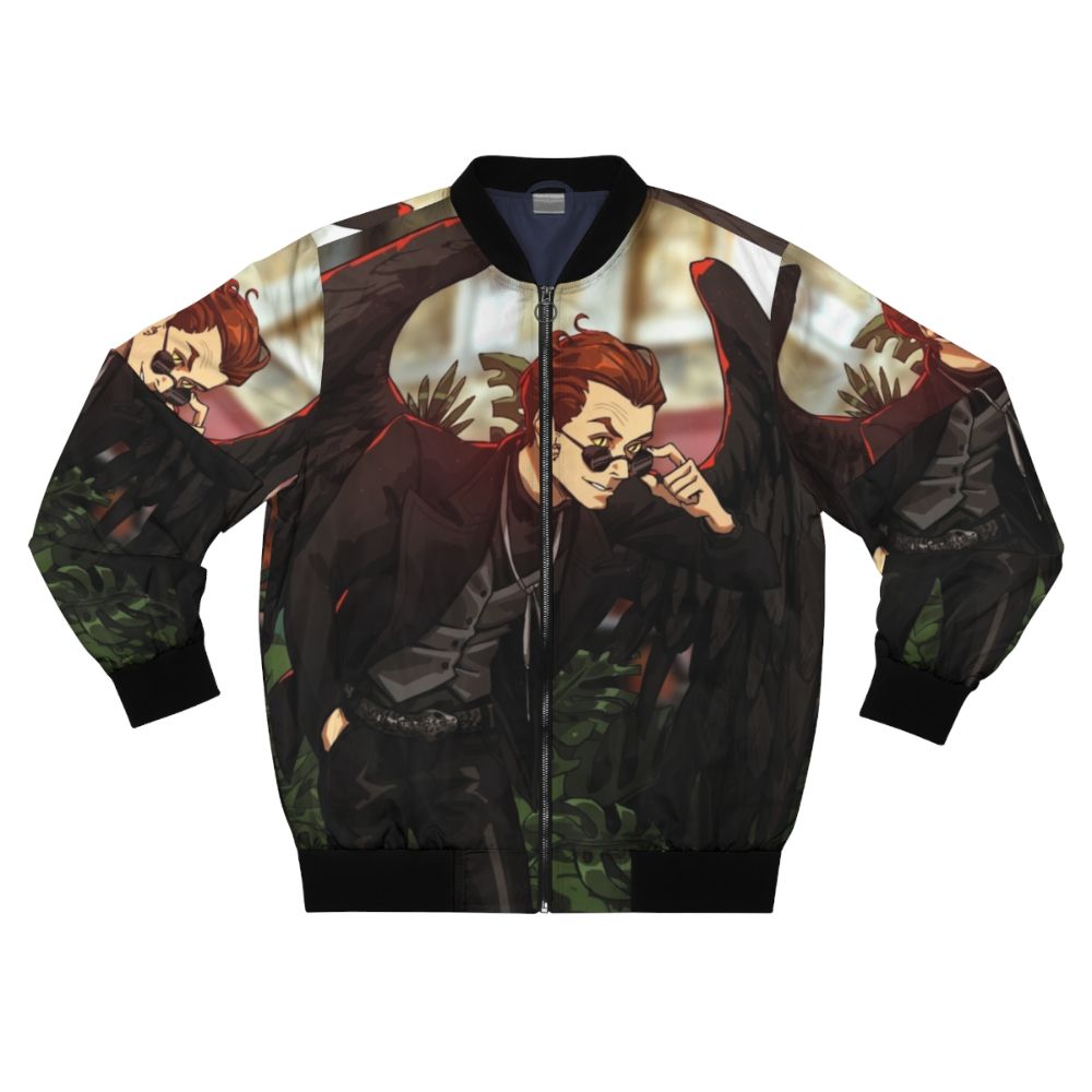 Dark fantasy bomber jacket with crow and sprite design