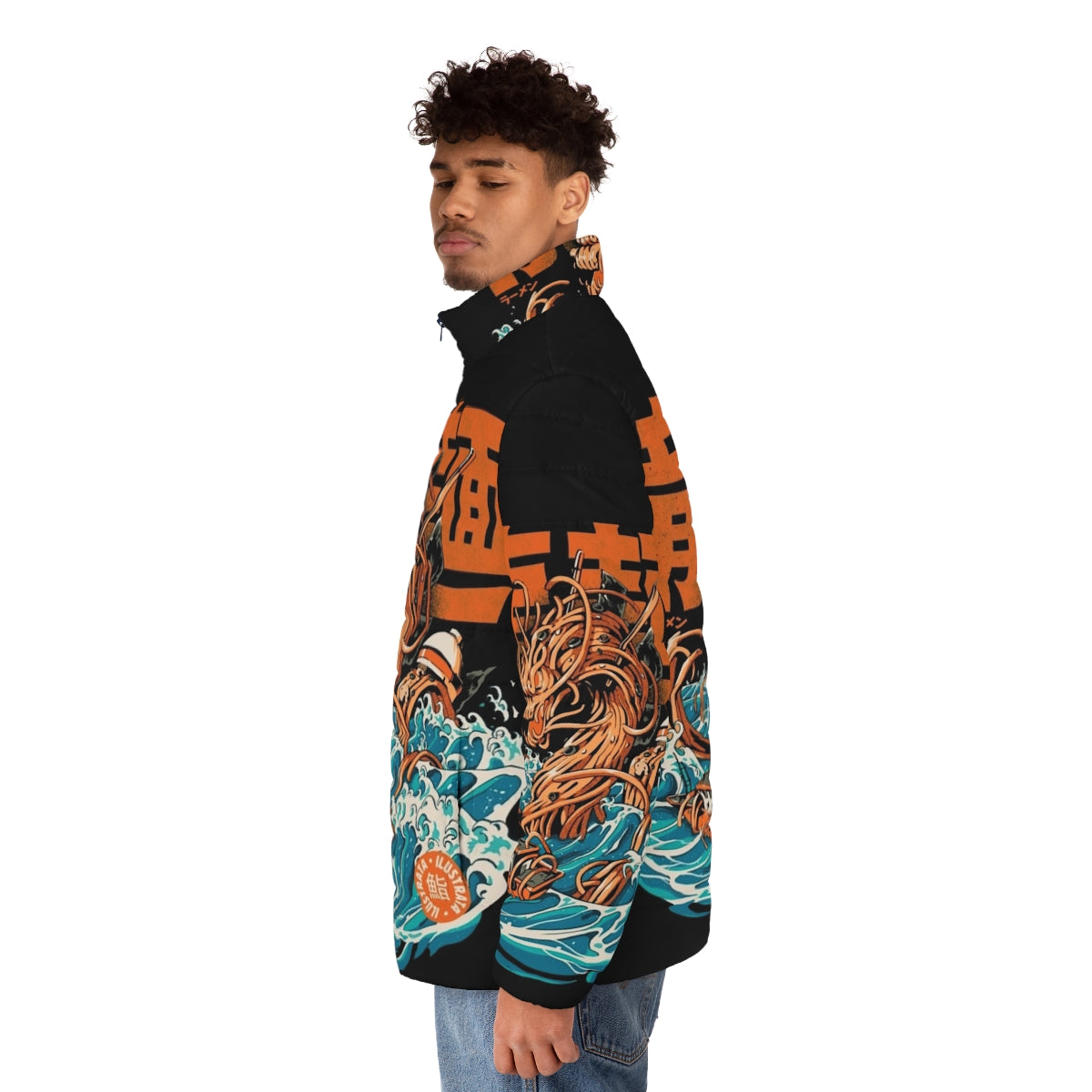 An anime-inspired puffer jacket featuring a ramen dragon design, inspired by the famous Kanagawa Wave artwork. - men side left