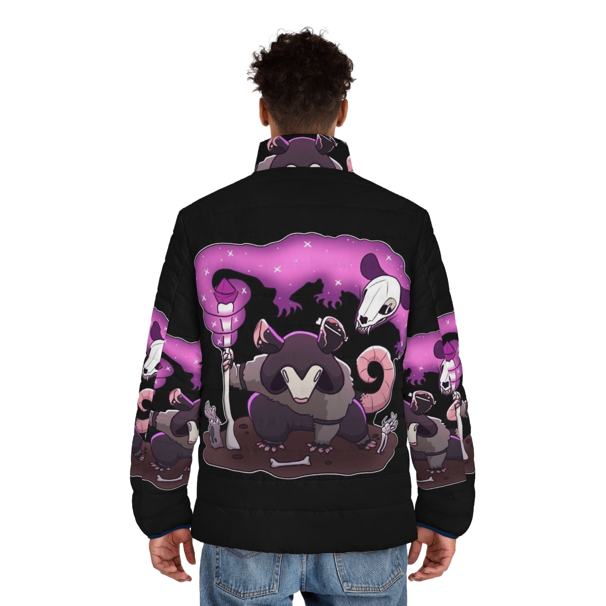 A dark and mystical puffer jacket featuring an opossum design with necromantic elements - men back