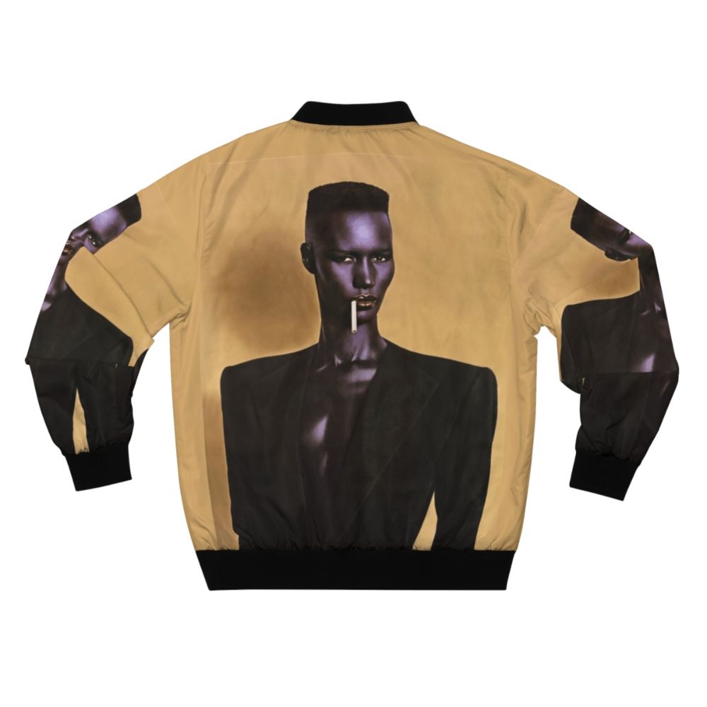 Grace Jones, the iconic chanteuse, wearing a stylish bomber jacket. - Back