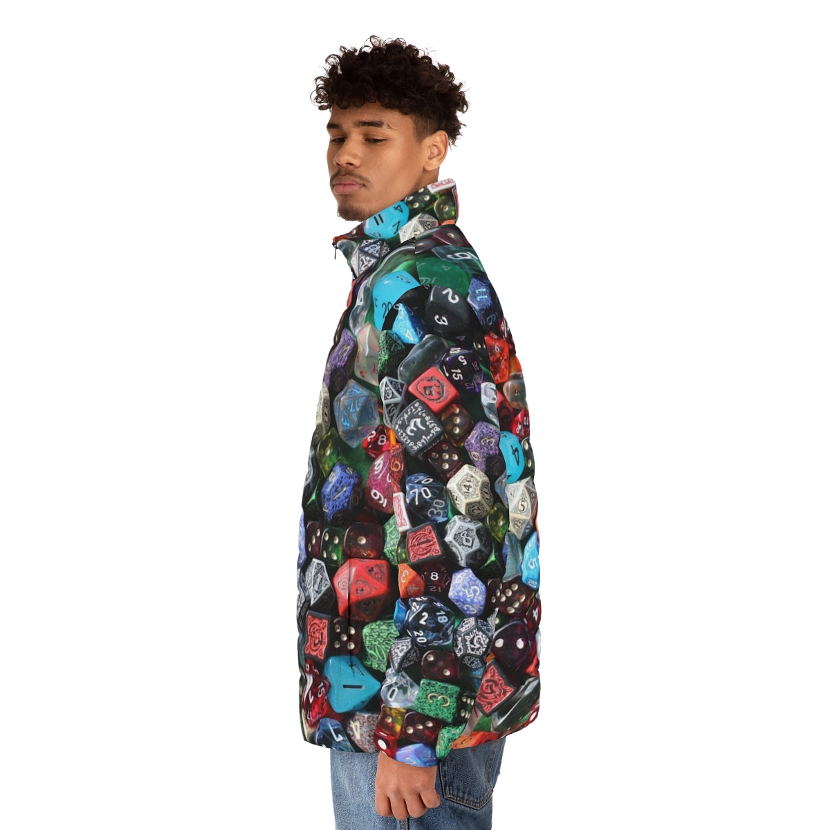 Dice puffer jacket for tabletop gaming and Dungeons & Dragons fans - men side left