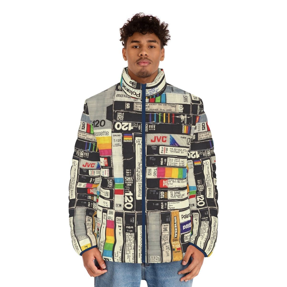 Retro VHS puffer jacket with vibrant, nostalgic graphics - men front