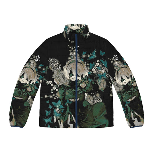 Butterflies and garden-inspired puffer jacket with Nier Automata characters