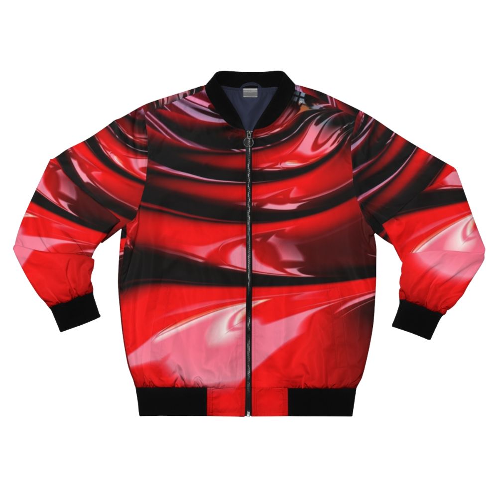 Slippery red latex bomber jacket with a wet paint effect